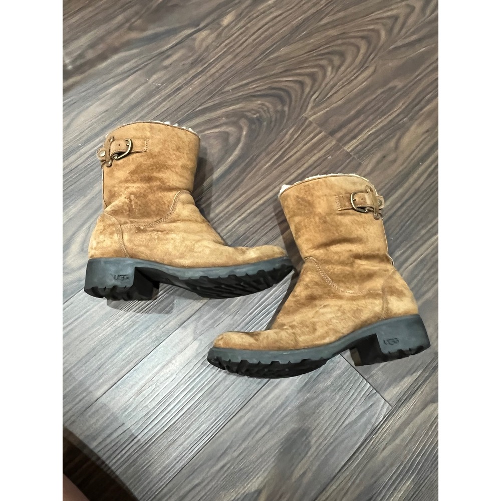 UGG Australia 1982 Chestnut Suede Sheepskin Lined Buckle Boots Womens 7